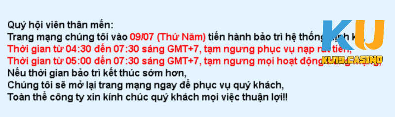 Người chơi sẽ nhận được thông báo nhà cái tiến hành bảo trì nhanh chóng